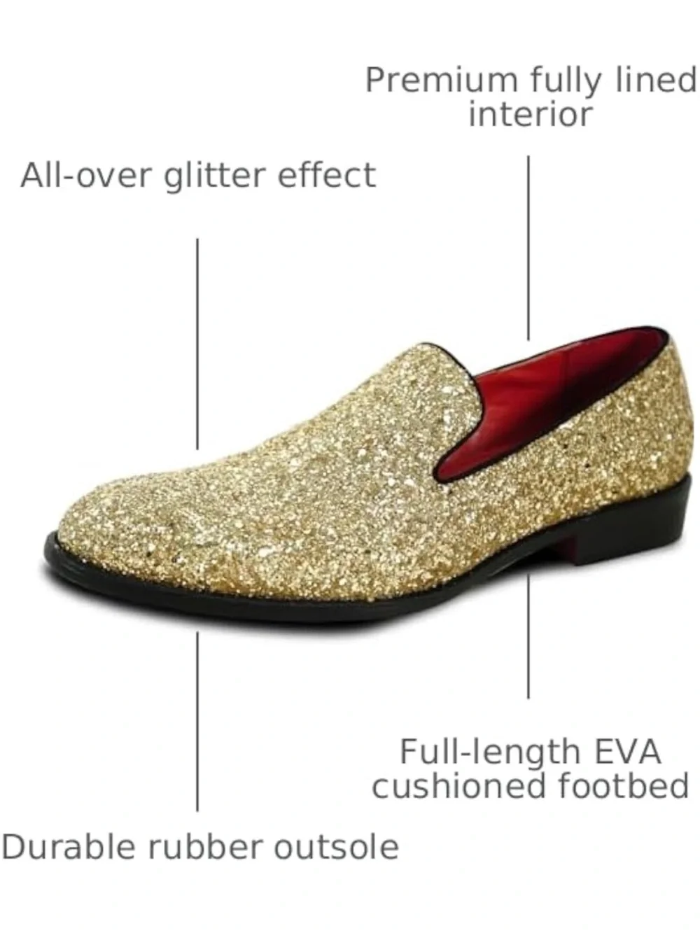 Men's Gold Glitter Slip-On Loafers with Red Lining